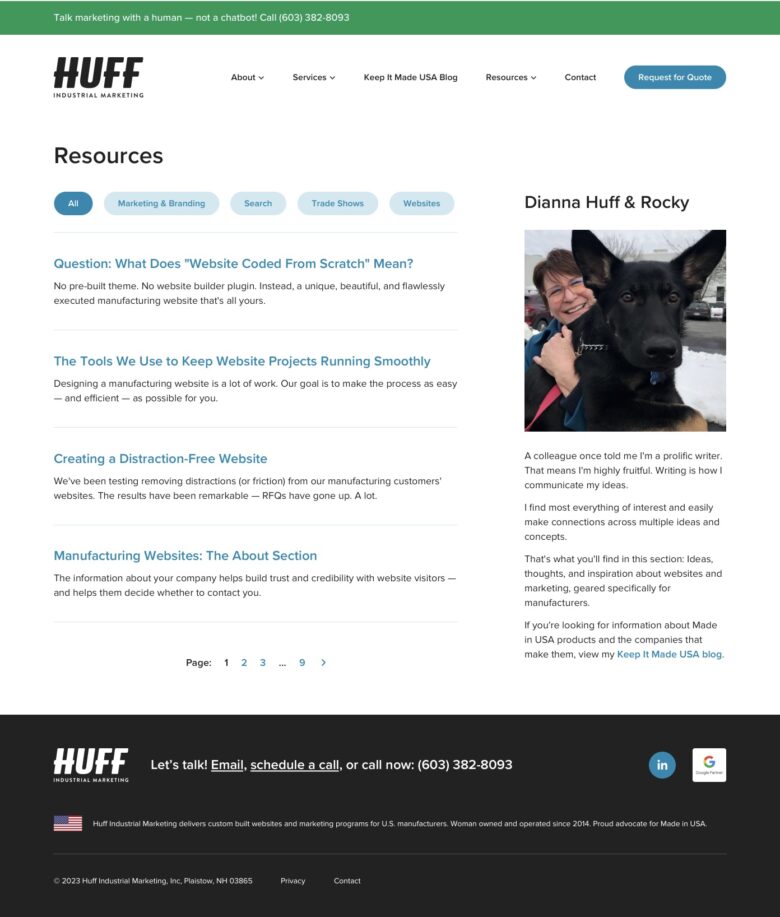 Huff Industrial Marketing Resources page